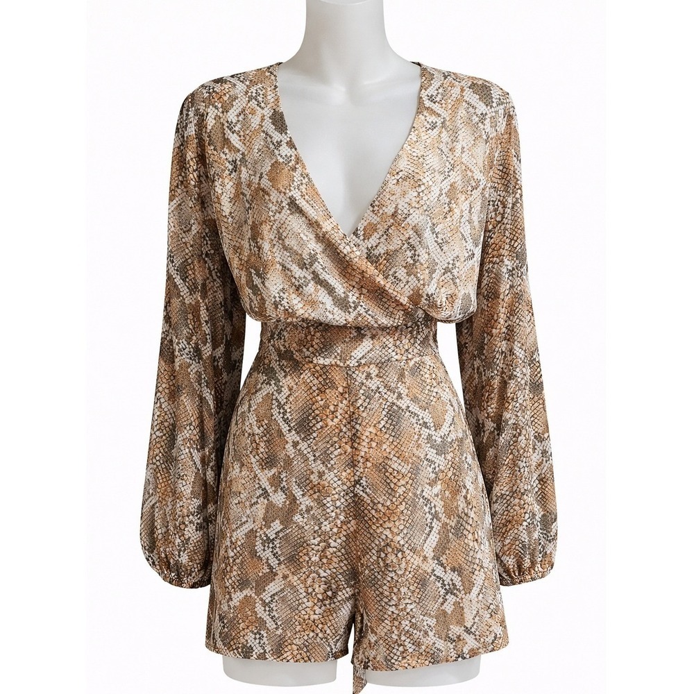 GUESS Snakeskin Print Long Sleeve Romper V-Neck Split Sleeve Tan Brown M
